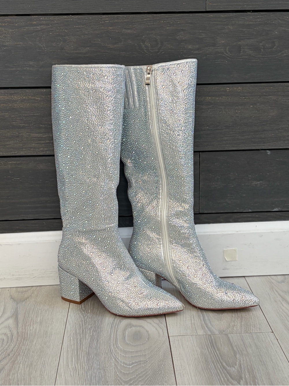 Silver Sparkle Over-the-Knee Block Heel Boots